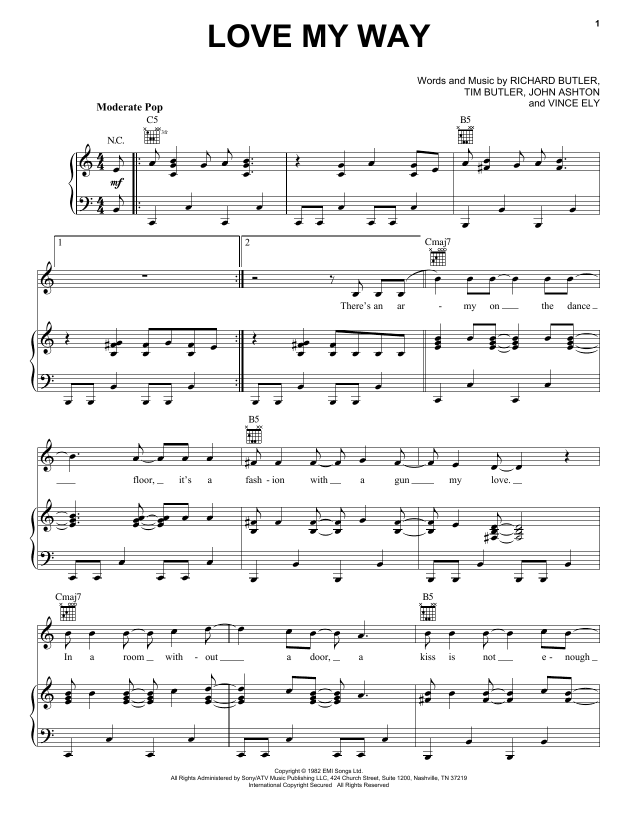 Psychedelic Furs Love My Way sheet music notes and chords. Download Printable PDF.