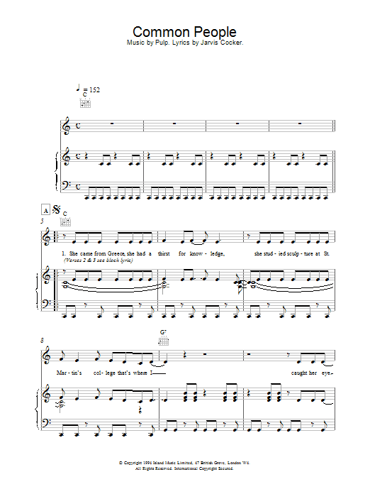 Pulp Common People sheet music notes and chords. Download Printable PDF.