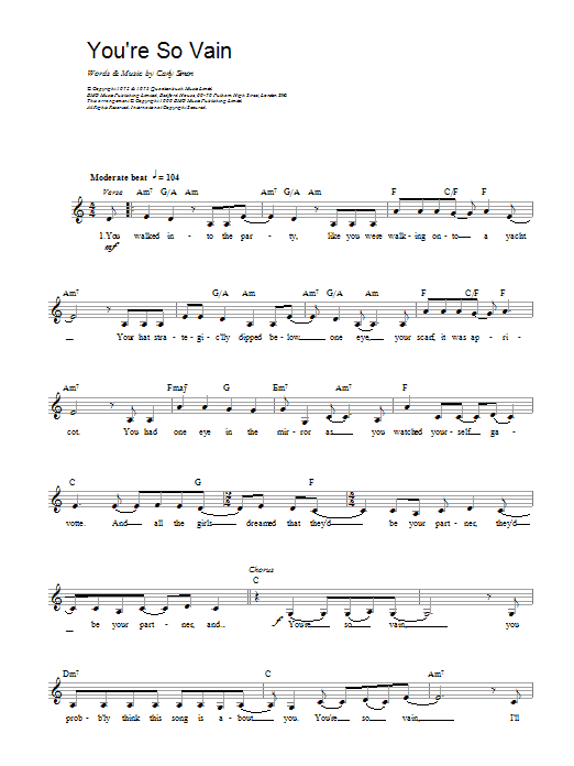 Carly Simon You're So Vain sheet music notes and chords. Download Printable PDF.