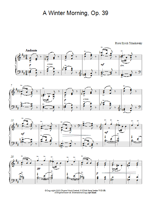 Learn to play Pyotr Ilyich Tchaikovsky A Winter Morning, Op. 39, No. 2 (from Album For The Young) sheet music for Piano Solo in minutes. Pyotr Ilyich Tchaikovsky A Winter Morning, Op. 39, No. 2 (from Album For The Young) sheet music notes and chords. Download Printable PDF.