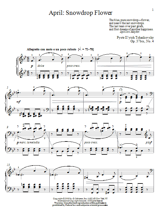 Learn to play Pyotr Ilyich Tchaikovsky Snowdrop Flower sheet music for Piano Solo in minutes. Pyotr Ilyich Tchaikovsky Snowdrop Flower sheet music notes and chords. Download Printable PDF.