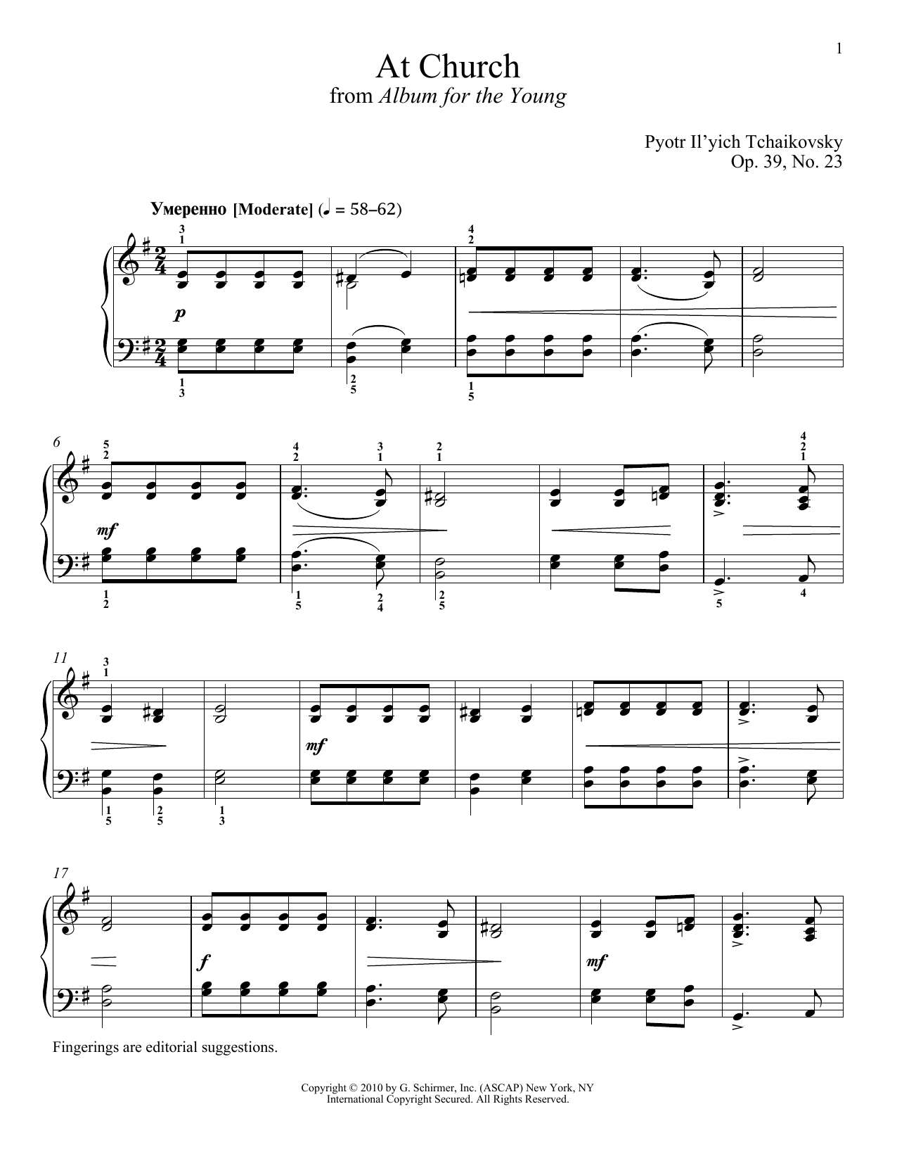 Learn to play Pyotr Il'yich Tchaikovsky At Church sheet music for Piano Solo in minutes. Pyotr Il'yich Tchaikovsky At Church sheet music notes and chords. Download Printable PDF.
