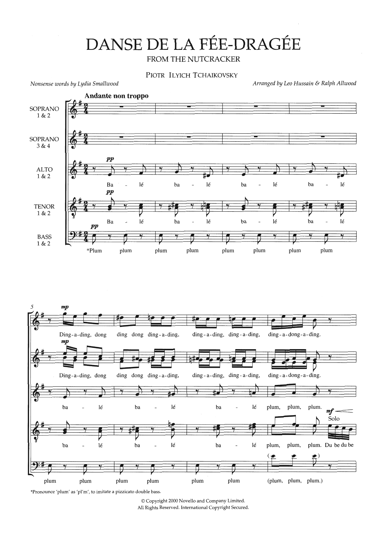 Learn to play Pyotr Il'yich Tchaikovsky Dance Of The Sugar Plum Fairy (From The Nutcracker) (arr. Leo Hussain and Ralph Allwood) sheet music for SSATB Choir in minutes. Price: 3.9900$ Pyotr Il'yich Tchaikovsky Dance Of The Sugar Plum Fairy (From The Nutcracker) (arr. Leo Hussain and Ralph Allwood) sheet music notes and chords arranged for SSATB Choir