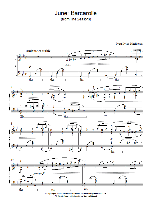 Learn to play Pyotr Ilyich Tchaikovsky June: Barcarolle (from The Seasons) sheet music for Piano Solo in minutes. Pyotr Ilyich Tchaikovsky June: Barcarolle (from The Seasons) sheet music notes and chords. Download Printable PDF.