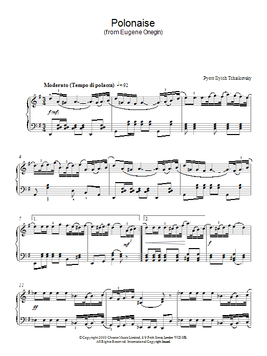 Learn to play Pyotr Ilyich Tchaikovsky Polonaise (from Eugene Onegin) sheet music for Piano Solo in minutes. Pyotr Ilyich Tchaikovsky Polonaise (from Eugene Onegin) sheet music notes and chords. Download Printable PDF.
