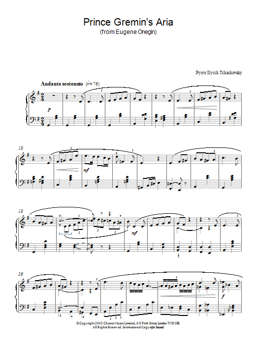 Learn to play Pyotr Ilyich Tchaikovsky Prince Gremin's Aria (from Eugene Onegin) sheet music for Piano Solo in minutes. Pyotr Ilyich Tchaikovsky Prince Gremin's Aria (from Eugene Onegin) sheet music notes and chords. Download Printable PDF.