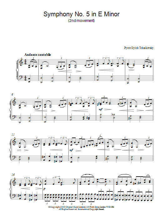 Learn to play Pyotr Ilyich Tchaikovsky Symphony No. 5 in E Minor (2nd movement) sheet music for Piano Solo in minutes. Price: 6.9900$ Pyotr Ilyich Tchaikovsky Symphony No. 5 in E Minor (2nd movement) sheet music notes and chords. Download Printable PDF.