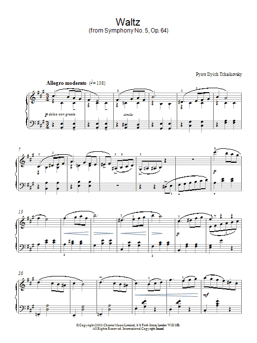 Learn to play Pyotr Ilyich Tchaikovsky Waltz (from Symphony No. 5, Op. 64) sheet music for Piano Solo in minutes. Price: 6.9900$ Pyotr Ilyich Tchaikovsky Waltz (from Symphony No. 5, Op. 64) sheet music notes and chords. Download Printable PDF.