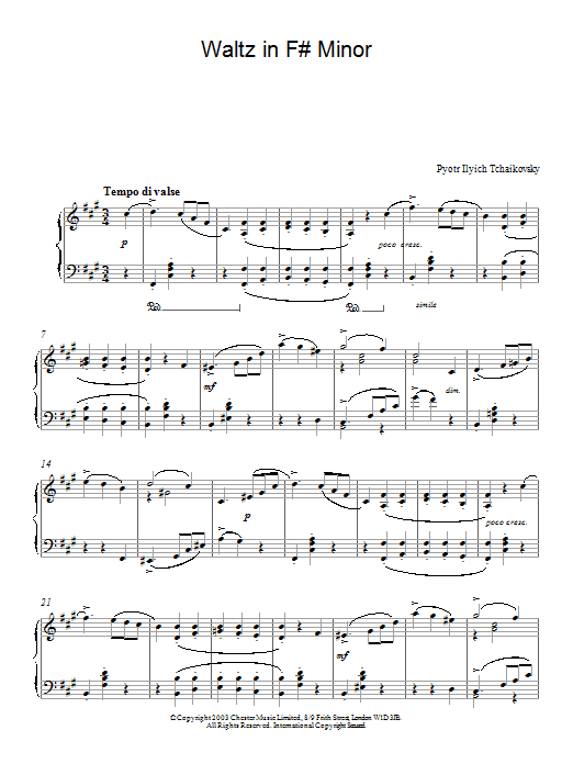 Learn to play Pyotr Ilyich Tchaikovsky Waltz in F# Minor sheet music for Piano Solo in minutes. Pyotr Ilyich Tchaikovsky Waltz in F# Minor sheet music notes and chords. Download Printable PDF.