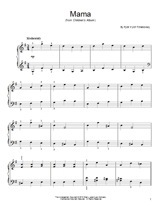Learn to play Pyotr Ilyich Tchaikovsky Mama sheet music for Easy Piano in minutes. Price: 6.9900$ Pyotr Ilyich Tchaikovsky Mama sheet music notes and chords arranged for Easy Piano