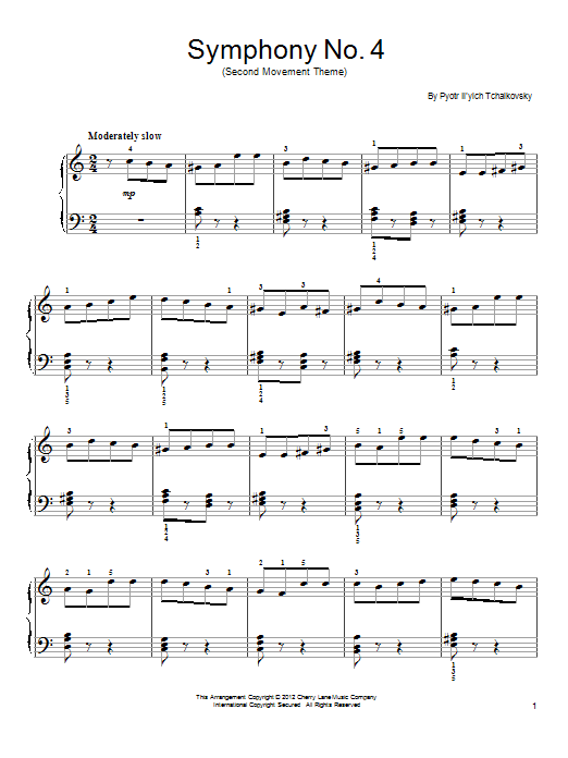 Learn to play Pyotr Ilyich Tchaikovsky Symphony No. 4 In F Minor, Op. 36, Second Movement Excerpt sheet music for Easy Piano in minutes. Price: 6.9900$ Pyotr Ilyich Tchaikovsky Symphony No. 4 In F Minor, Op. 36, Second Movement Excerpt sheet music notes and chords arranged for Easy Piano