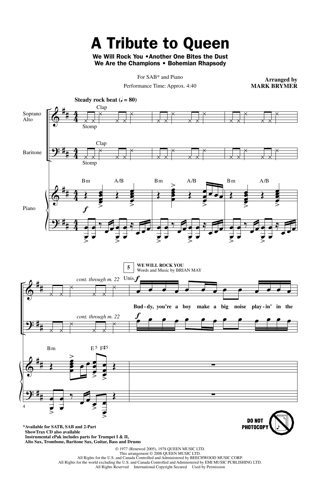 Learn to play Queen A Tribute To Queen (Medley) (arr. Mark Brymer) sheet music for SATB Choir in minutes. Queen A Tribute To Queen (Medley) (arr. Mark Brymer) sheet music notes and chords. Download Printable PDF.