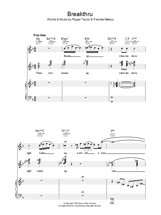 Queen Breakthru sheet music notes and chords. Download Printable PDF.