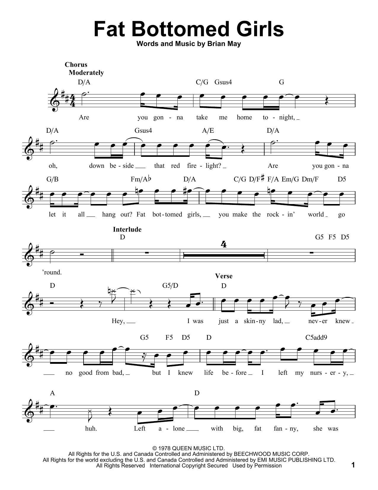 Queen Fat Bottomed Girls sheet music notes and chords. Download Printable PDF.