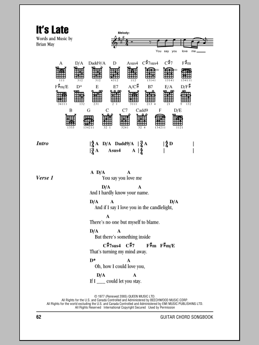 Queen It's Late sheet music notes and chords. Download Printable PDF.