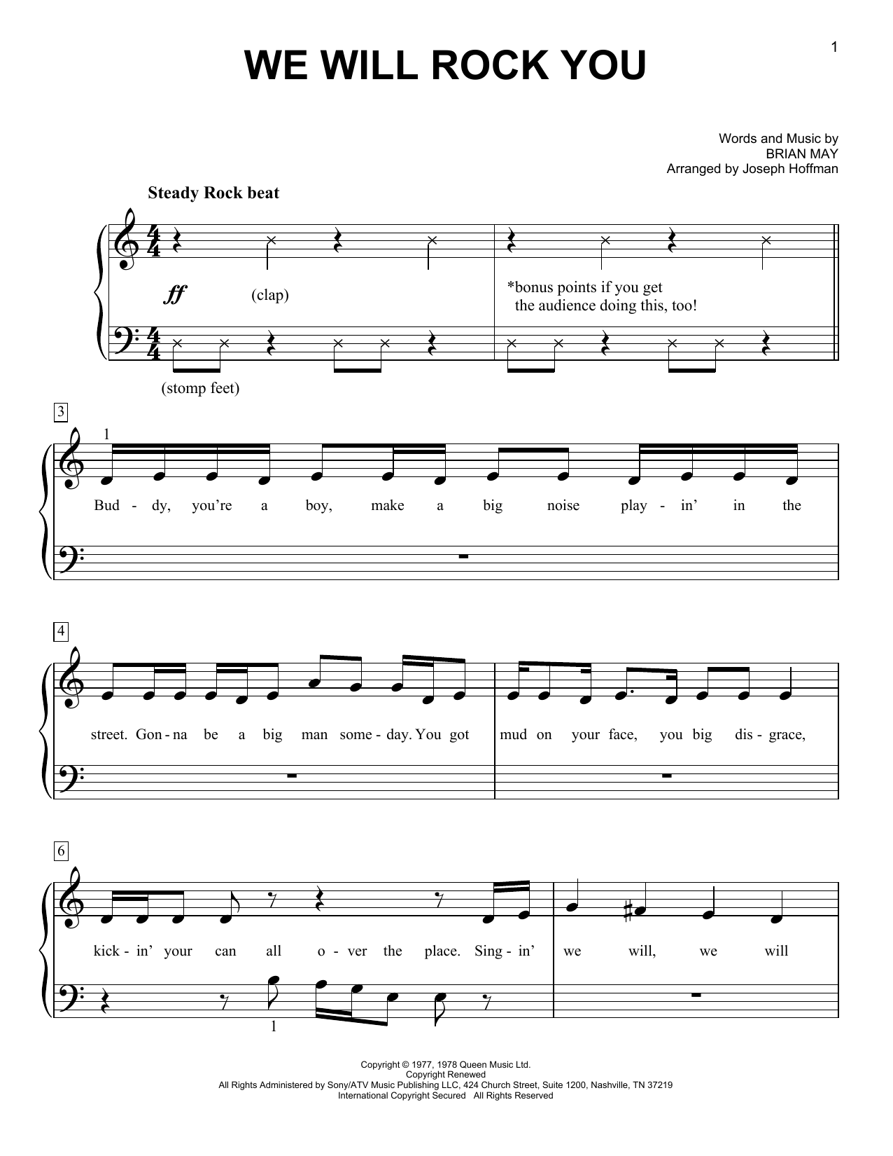 Learn to play Queen We Will Rock You (arr. Joseph Hoffman) sheet music for Easy Piano in minutes. Price: 6.9900$ Queen We Will Rock You (arr. Joseph Hoffman) sheet music notes and chords arranged for Easy Piano
