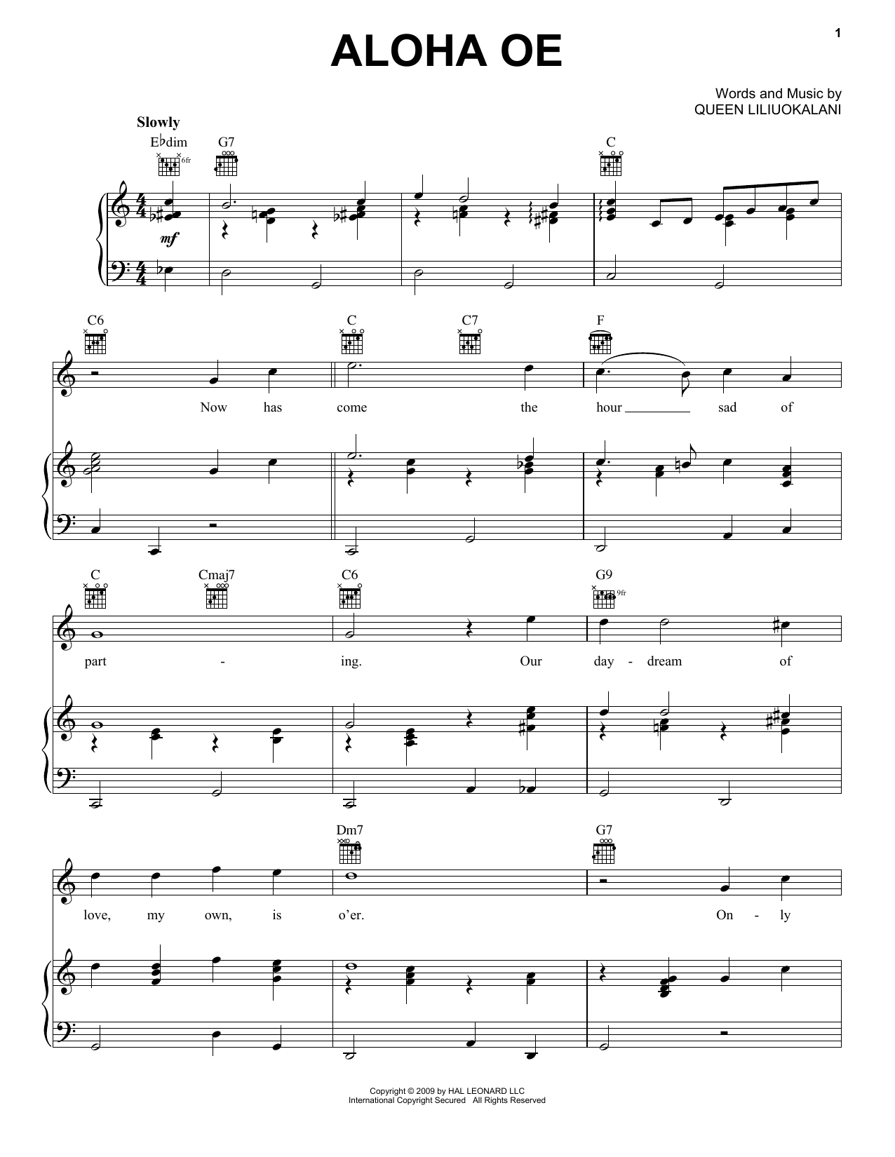 Queen Liliuokalani Aloha Oe sheet music notes and chords. Download Printable PDF.