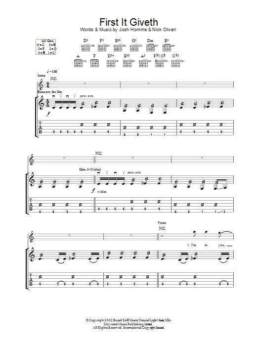 Queens Of The Stone Age First It Giveth sheet music notes and chords. Download Printable PDF.