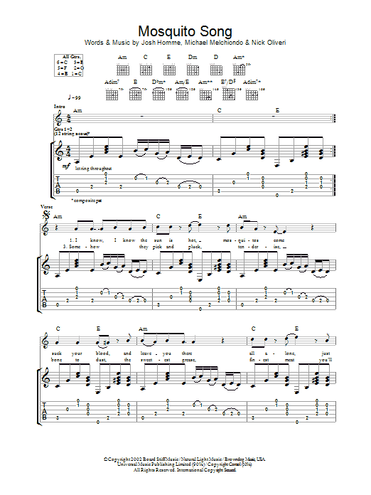 Queens Of The Stone Age Mosquito Song sheet music notes and chords. Download Printable PDF.