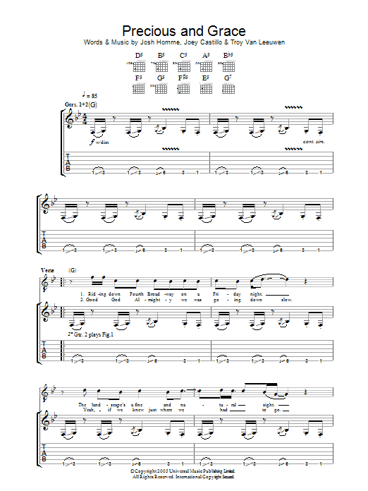 Learn to play Queens Of The Stone Age Precious And Grace sheet music for Guitar Tab in minutes. Queens Of The Stone Age Precious And Grace sheet music notes and chords. Download Printable PDF.