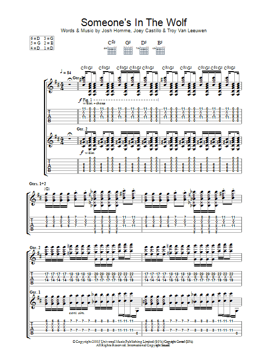 Learn to play Queens Of The Stone Age Someone's In The Wolf sheet music for Guitar Tab in minutes. Queens Of The Stone Age Someone's In The Wolf sheet music notes and chords. Download Printable PDF.