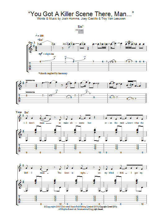 Learn to play Queens Of The Stone Age You Got A Killer Scene There, Man sheet music for Guitar Tab in minutes. Queens Of The Stone Age You Got A Killer Scene There, Man sheet music notes and chords. Download Printable PDF.