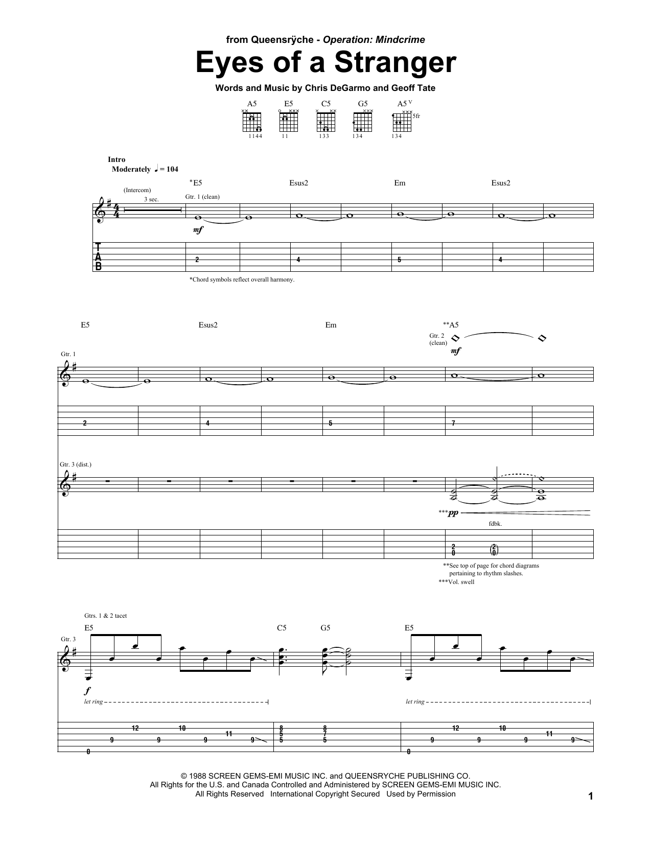 Queensryche Eyes Of A Stranger sheet music notes and chords. Download Printable PDF.