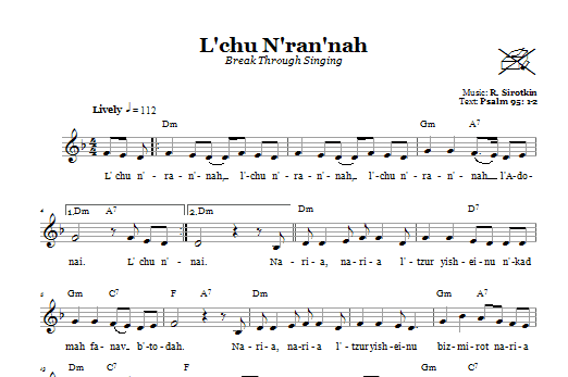 Learn to play R. Sirotkin L'chu N'ran'nah (Break Through Singing) sheet music for Lead Sheet / Fake Book in minutes. Price: 5.9900$ R. Sirotkin L'chu N'ran'nah (Break Through Singing) sheet music notes and chords arranged for Lead Sheet / Fake Book