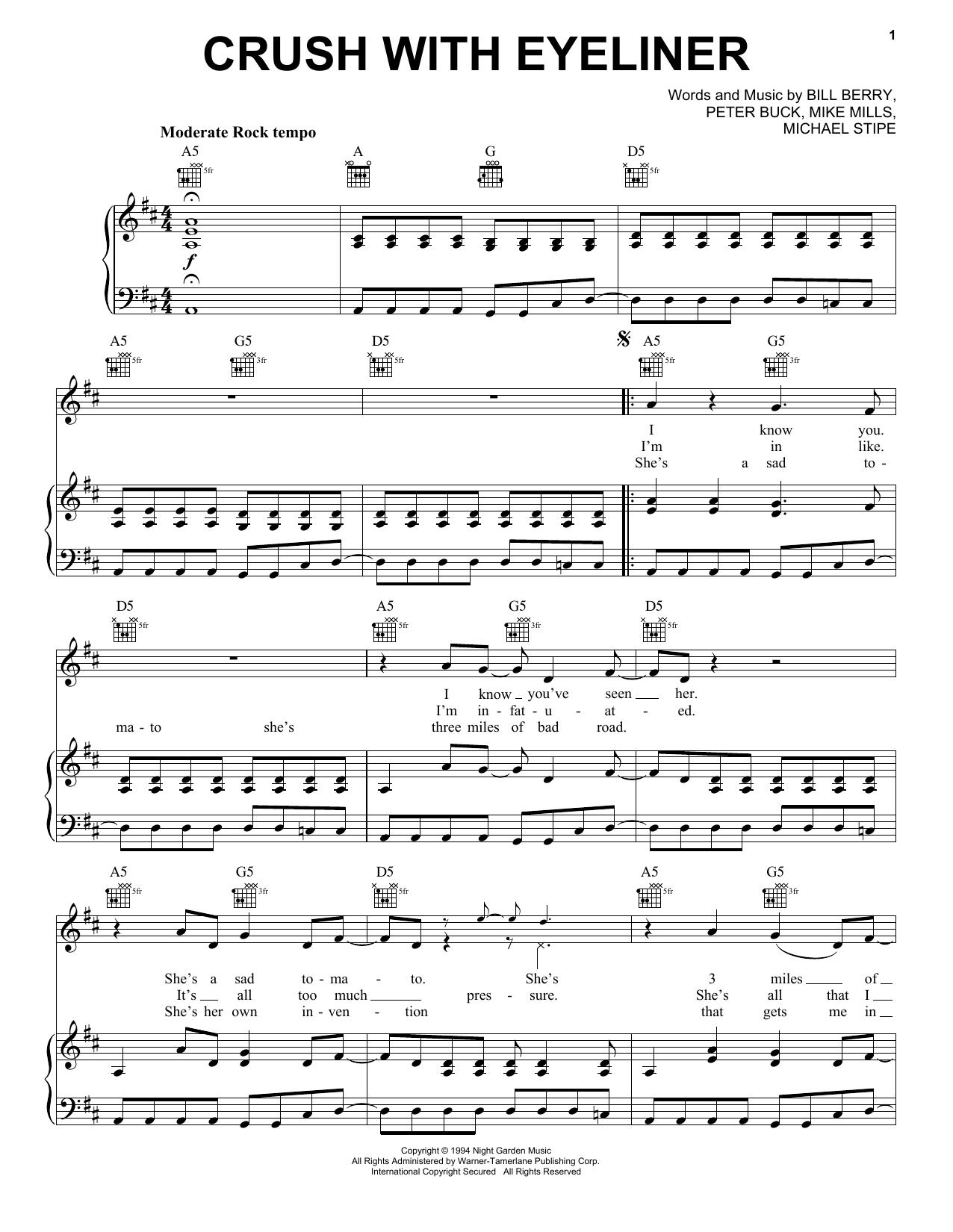 R.E.M. Crush With Eyeliner sheet music notes and chords. Download Printable PDF.