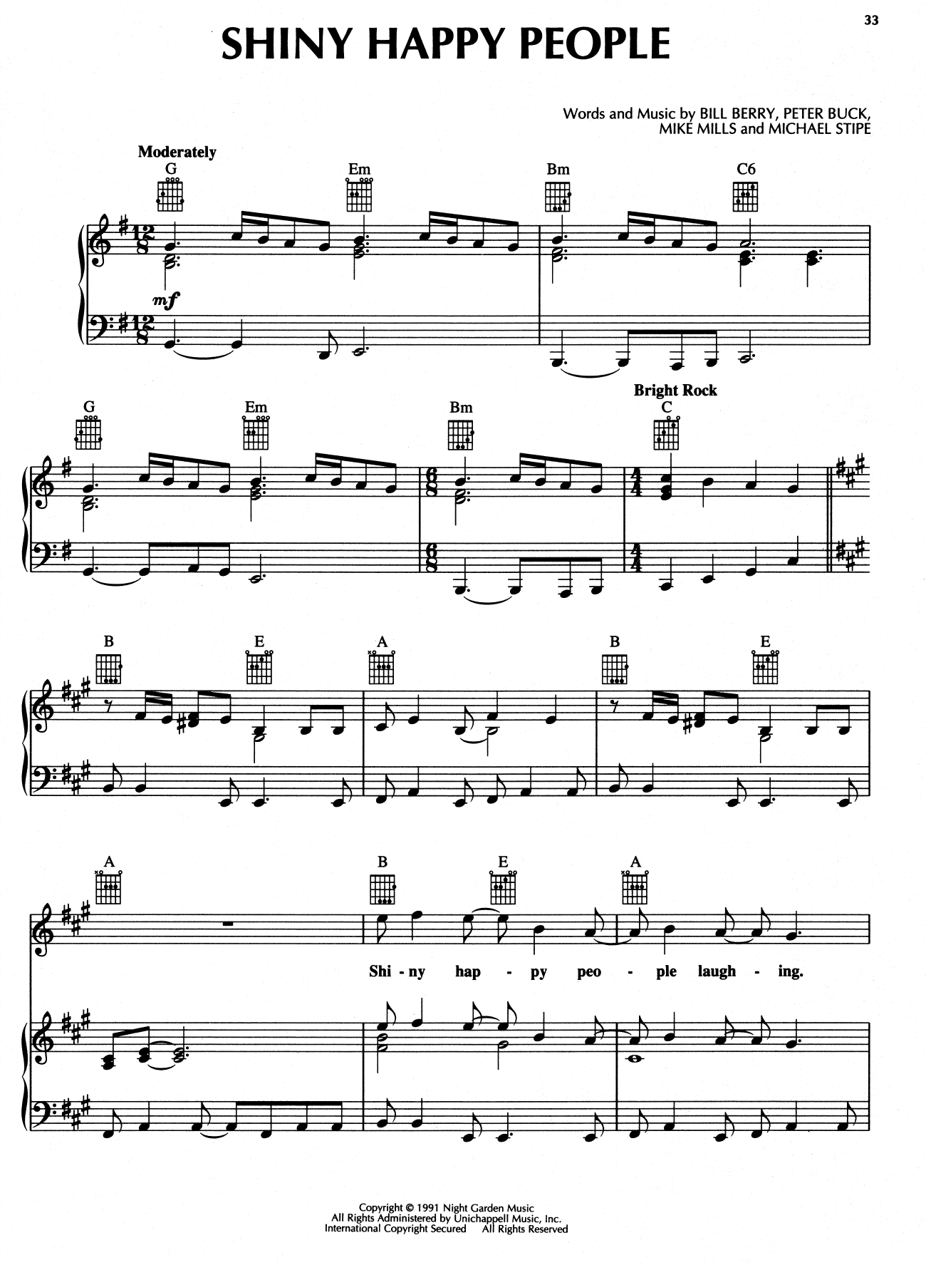 R.E.M. Shiny Happy People sheet music notes and chords. Download Printable PDF.