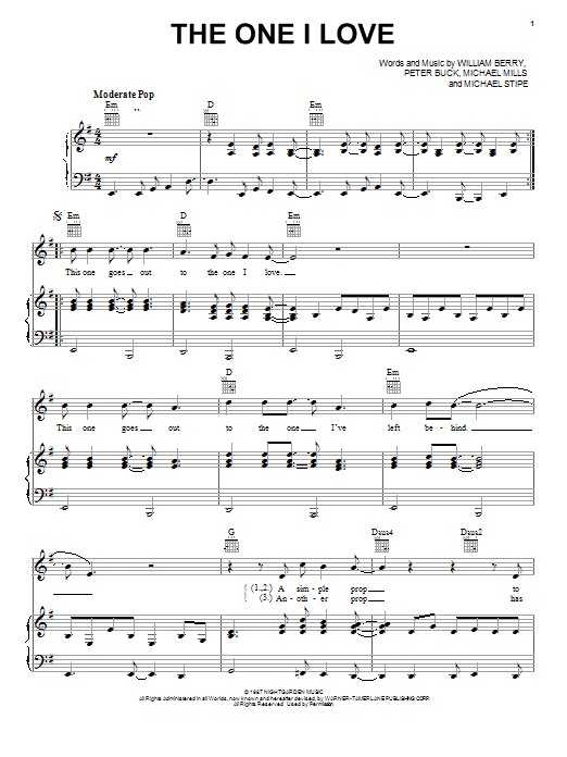 R.E.M. The One I Love sheet music notes and chords. Download Printable PDF.