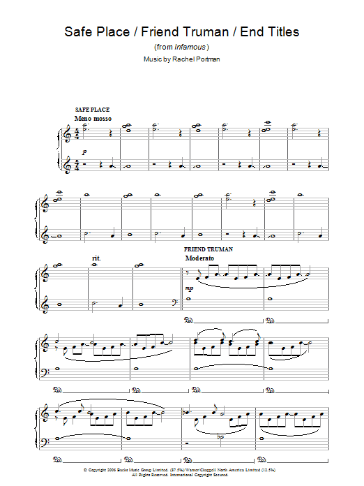 Learn to play Rachel Portman Safe Place/Friend Truman/End Titles (from Infamous) sheet music for Piano Solo in minutes. Rachel Portman Safe Place/Friend Truman/End Titles (from Infamous) sheet music notes and chords. Download Printable PDF.