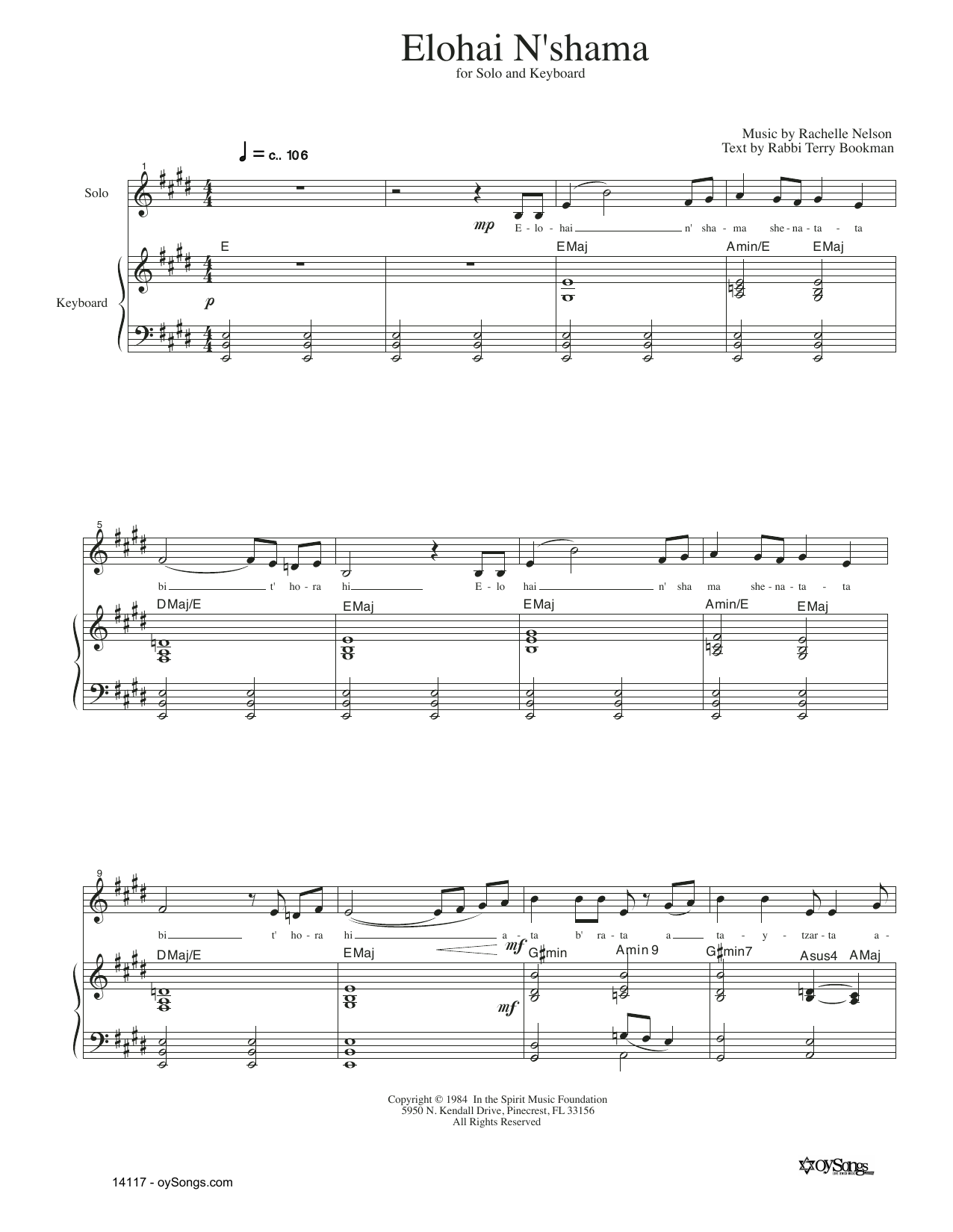 Rachelle Nelson Elohai N'shama sheet music notes and chords. Download Printable PDF.