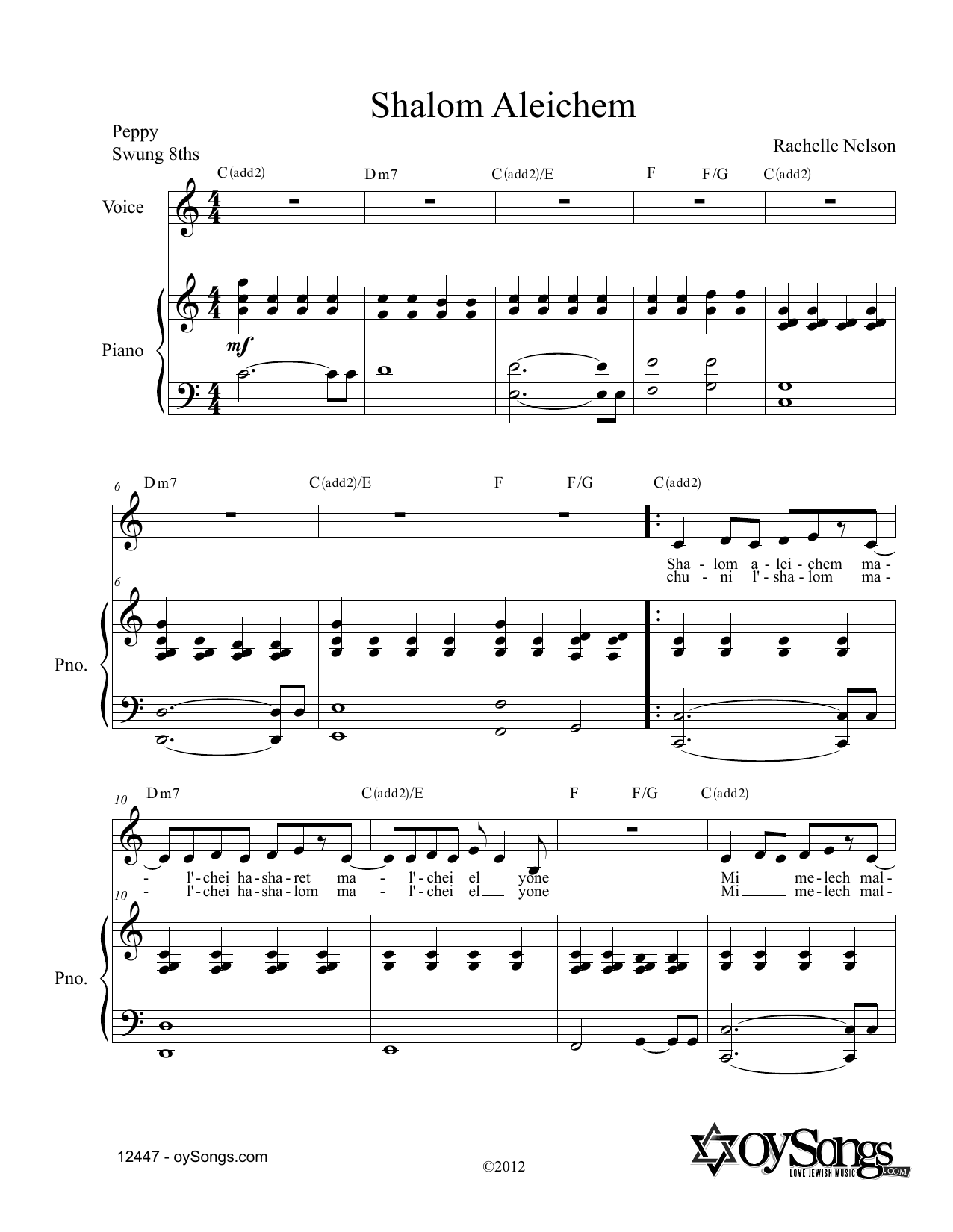 Rachelle Nelson Shalom Aleichem sheet music notes and chords. Download Printable PDF.