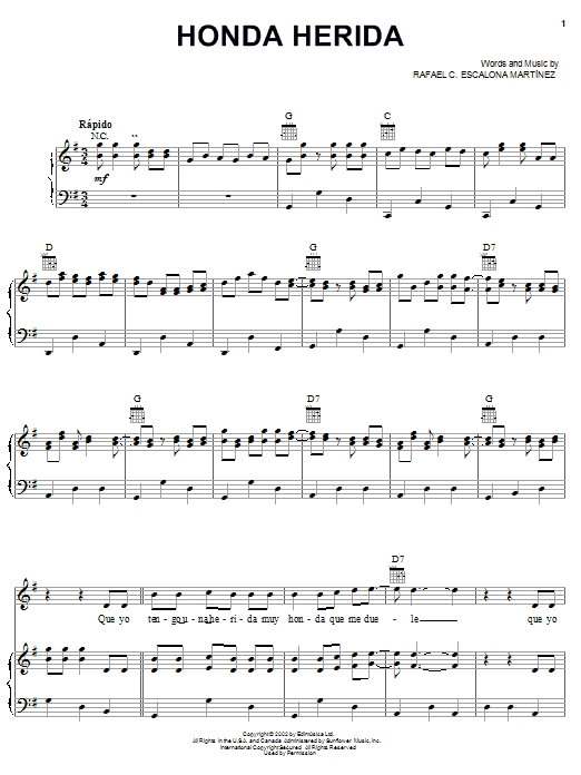Learn to play Rafael C. Escalona Martinez Honda Herida sheet music for Piano, Vocal & Guitar (Right-Hand Melody) in minutes. Price: 7.7900$ Rafael C. Escalona Martinez Honda Herida sheet music notes and chords. Download Printable PDF.