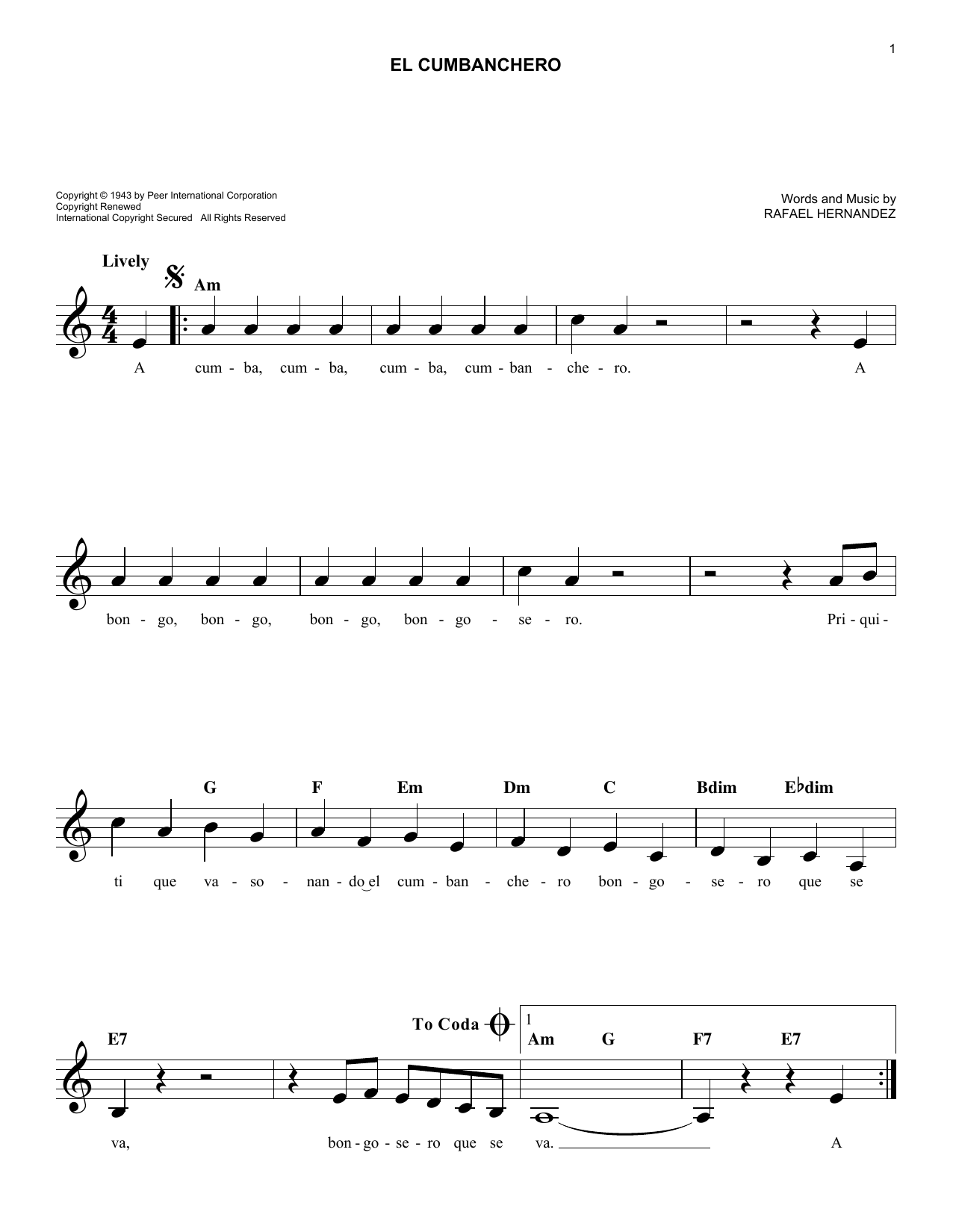 Rafael Hernandez El Cumbanchero sheet music notes and chords. Download Printable PDF.