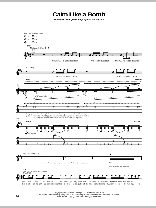 Learn to play Rage Against The Machine Calm Like A Bomb sheet music for Guitar Tab in minutes. Price: 6.9900$ Rage Against The Machine Calm Like A Bomb sheet music notes and chords arranged for Guitar Tab