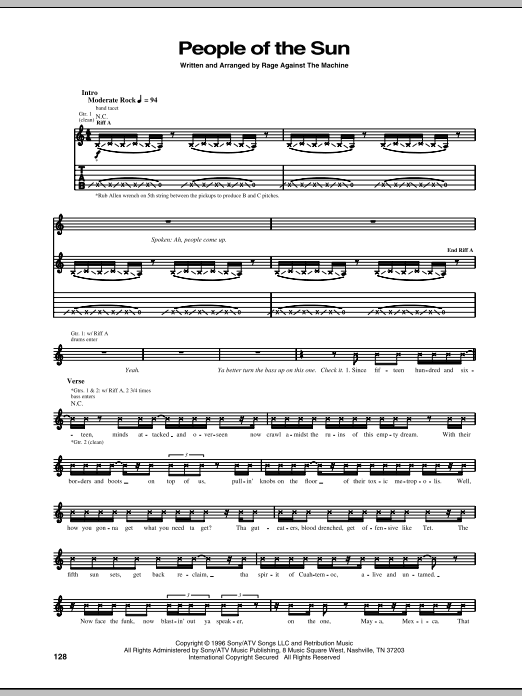 Rage Against The Machine People Of The Sun Sheet Music Pdf Notes Chords Metal Score Guitar Tab Download Printable Sku 68912