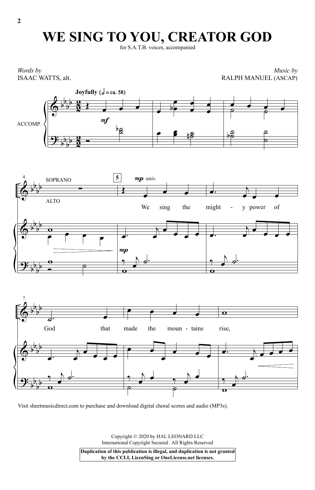 Learn to play Ralph Manuel We Sing To You, Creator God sheet music for SATB Choir in minutes. Price: 3.9900$ Ralph Manuel We Sing To You, Creator God sheet music notes and chords arranged for SATB Choir