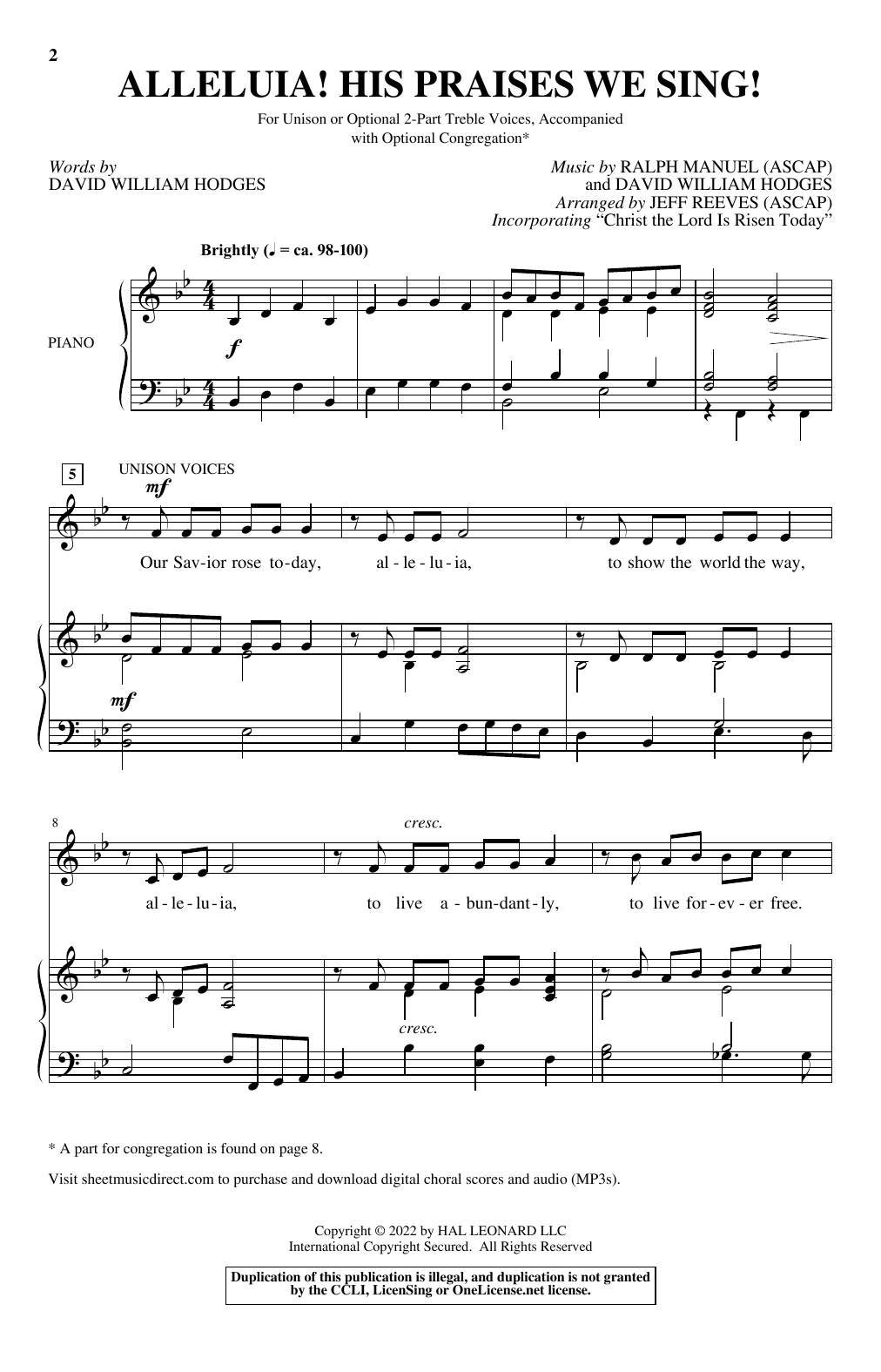 Learn to play Ralph Manuel and David William Hodges Alleluia! His Praises We Sing! (arr. Jeff Reeves) sheet music for Choir in minutes. Price: 3.9900$ Ralph Manuel and David William Hodges Alleluia! His Praises We Sing! (arr. Jeff Reeves) sheet music notes and chords arranged for Choir