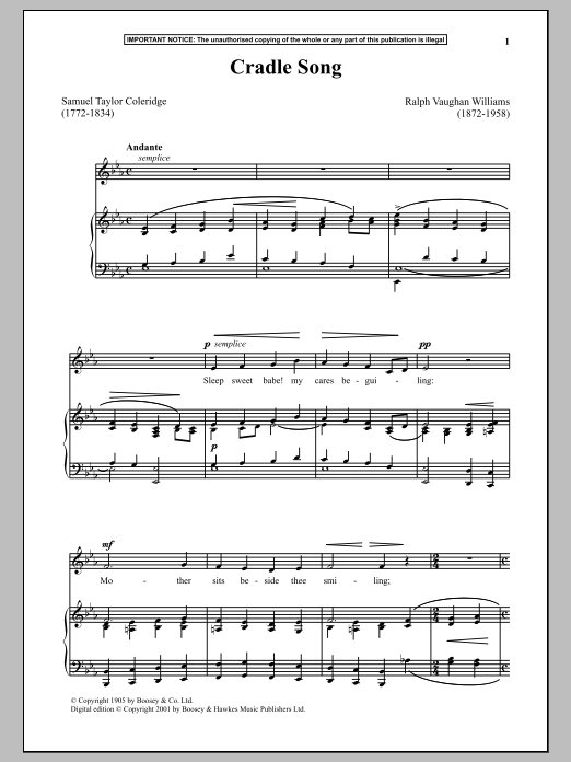 Ralph Vaughan Williams Cradle Song sheet music notes and chords. Download Printable PDF.