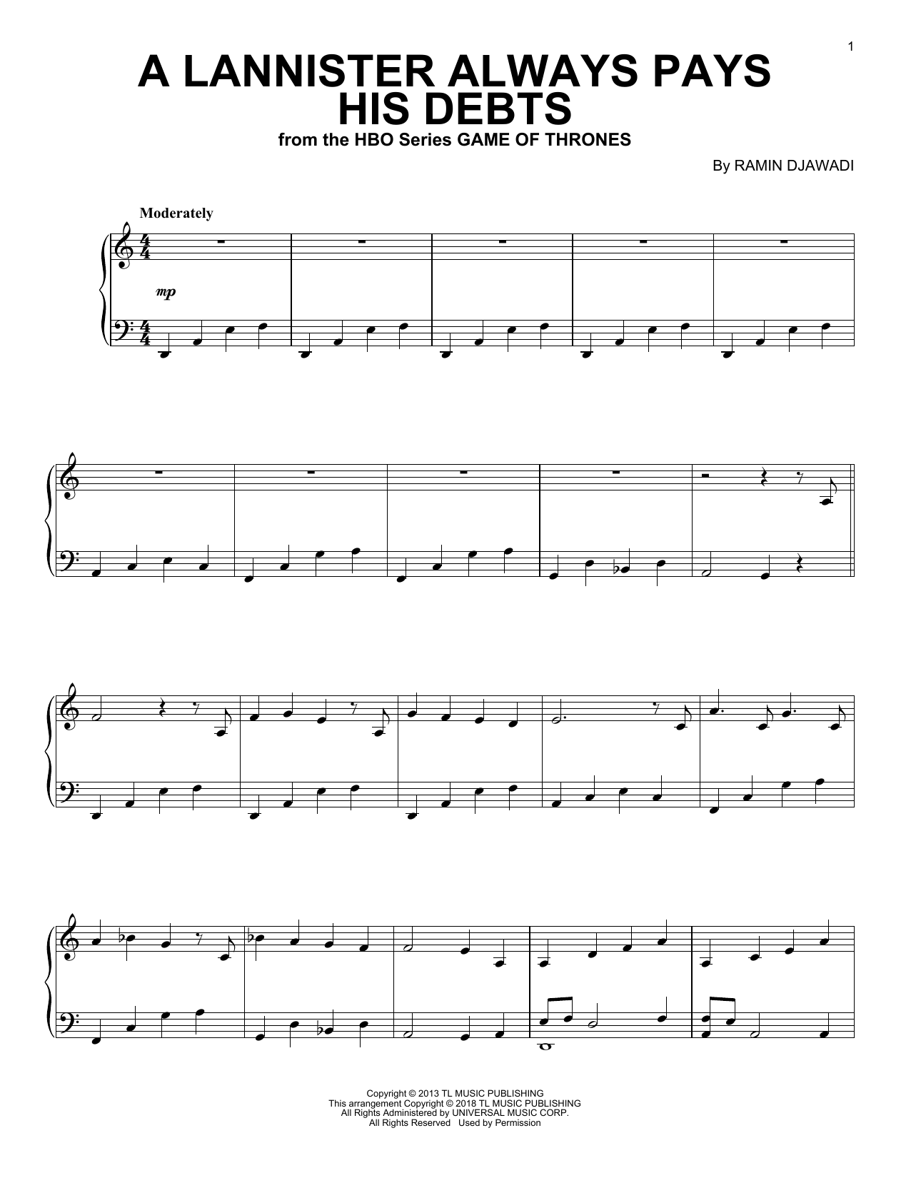 Ramin Djawadi A Lannister Always Pays His Debts (from Game of Thrones) sheet music notes and chords. Download Printable PDF.