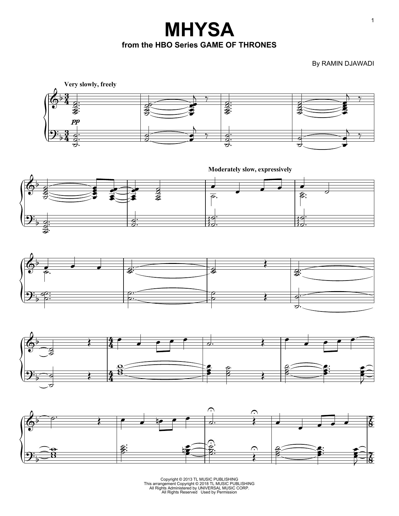 Ramin Djawadi Mhysa (from Game of Thrones) sheet music notes and chords. Download Printable PDF.