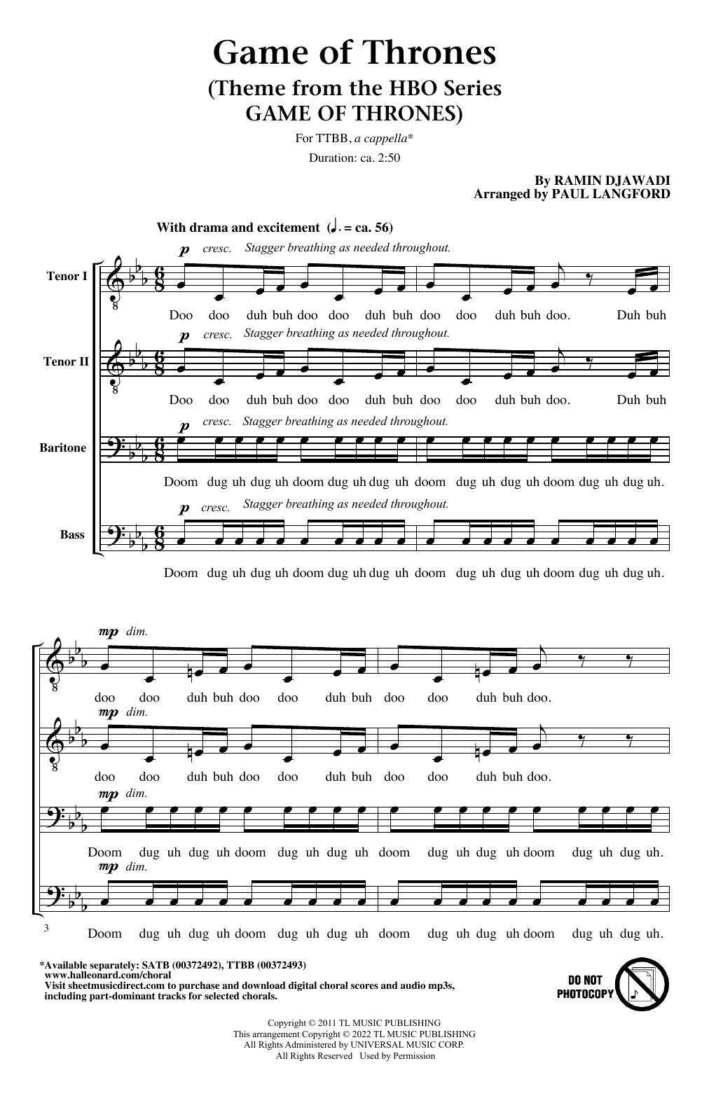 Learn to play Ramin Djawadi Game Of Thrones (arr. Paul Langford) sheet music for TTBB Choir in minutes. Price: 3.9900$ Ramin Djawadi Game Of Thrones (arr. Paul Langford) sheet music notes and chords arranged for TTBB Choir