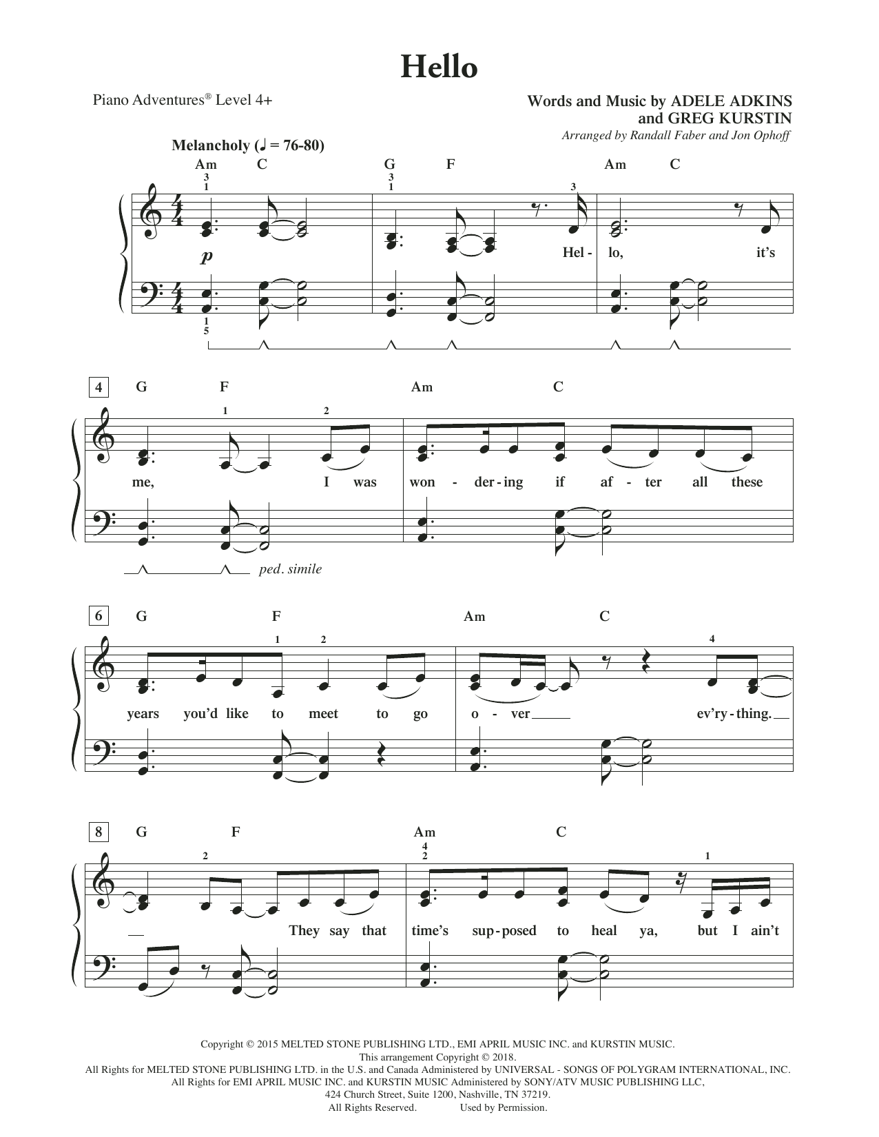 Randall Faber & Jon Ophoff Hello sheet music notes and chords. Download Printable PDF.