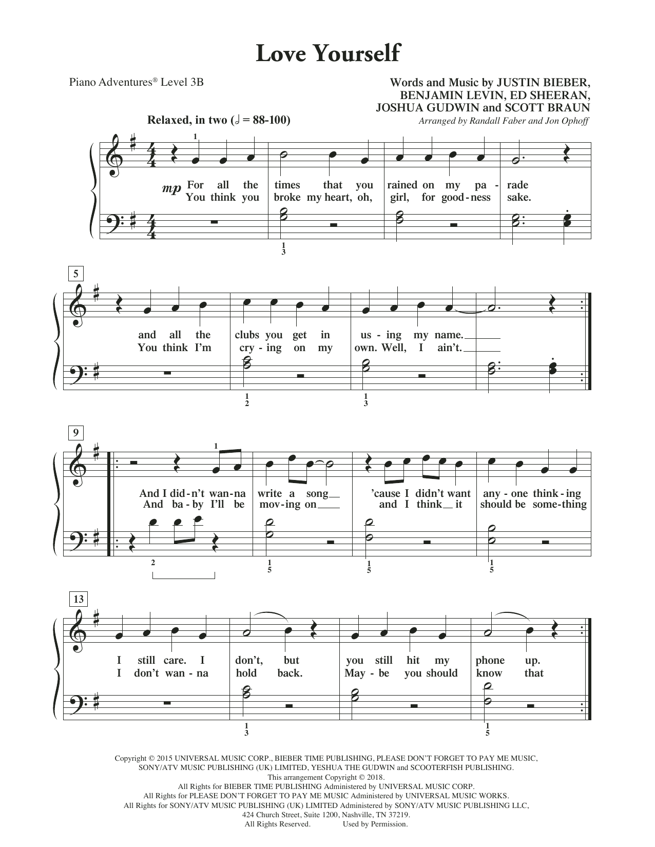 Learn to play Randall Faber & Jon Ophoff Love Yourself sheet music for Piano Adventures in minutes. Price: 5.9900$ Randall Faber & Jon Ophoff Love Yourself sheet music notes and chords arranged for Piano Adventures