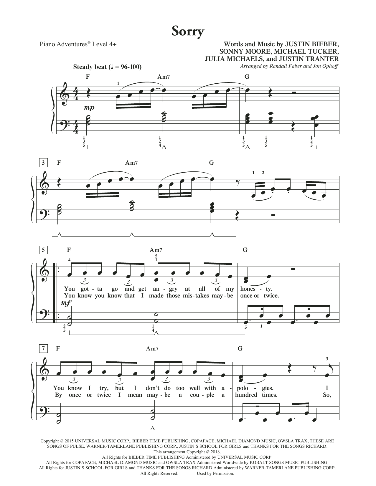 Learn to play Randall Faber & Jon Ophoff Sorry sheet music for Piano Adventures in minutes. Price: 6.9900$ Randall Faber & Jon Ophoff Sorry sheet music notes and chords arranged for Piano Adventures