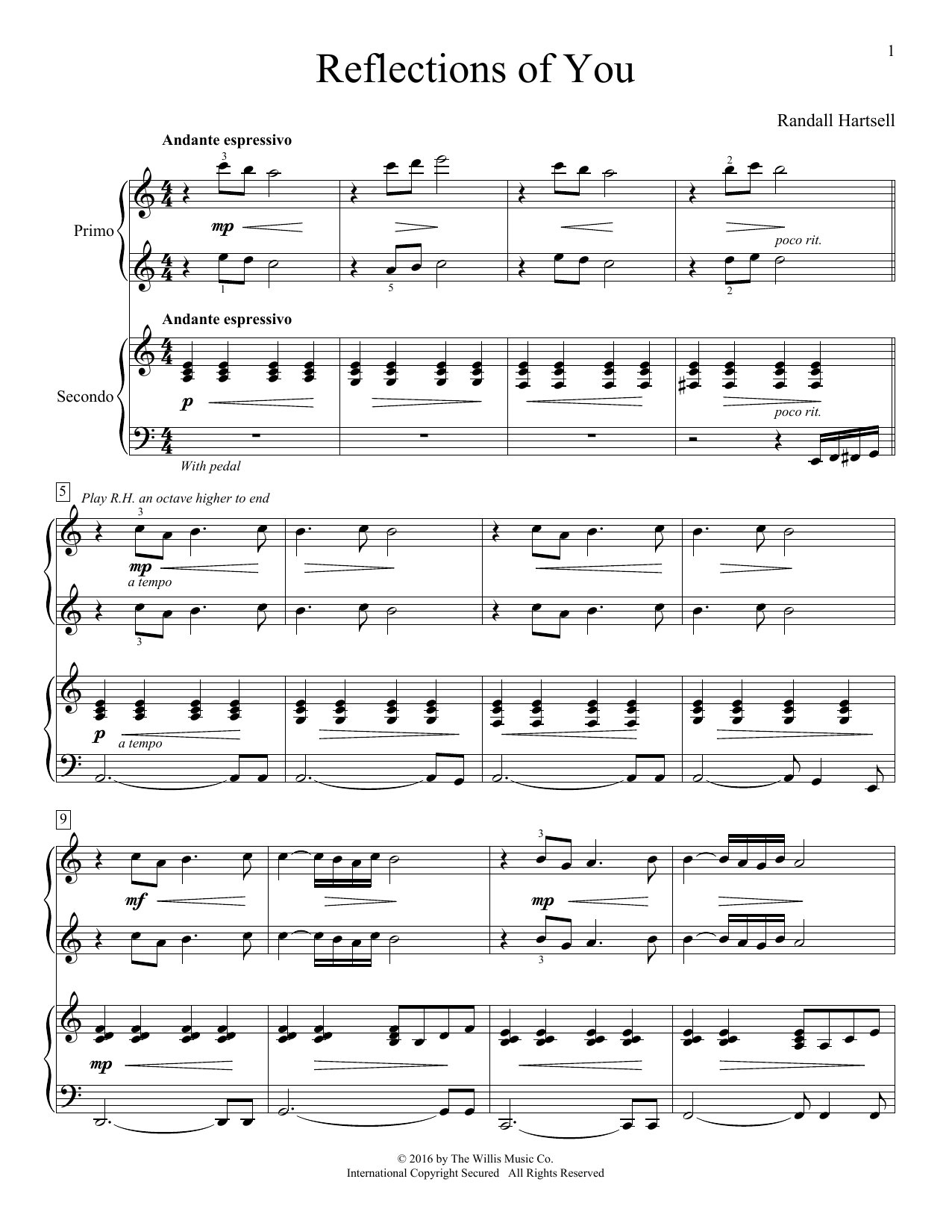 Learn to play Randall Hartsell Reflections Of You sheet music for Piano Duet in minutes. Randall Hartsell Reflections Of You sheet music notes and chords. Download Printable PDF.