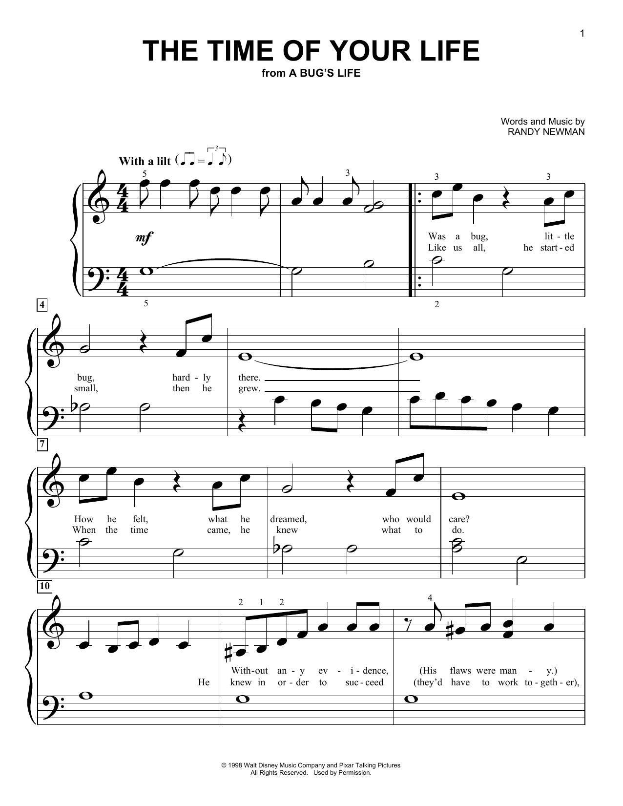 Randy Newman The Time Of Your Life (from A Bug's Life) sheet music notes and chords. Download Printable PDF.