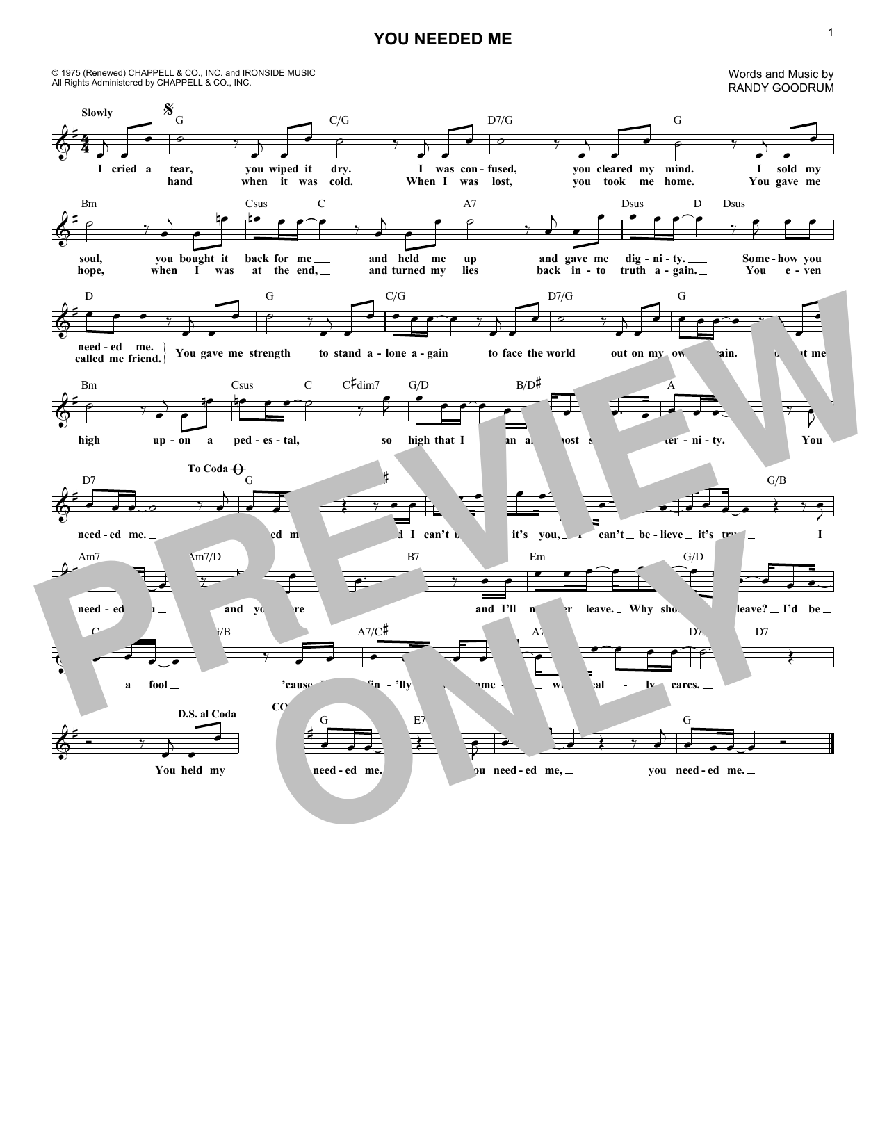 Randy Goodrum You Needed Me sheet music notes and chords. Download Printable PDF.